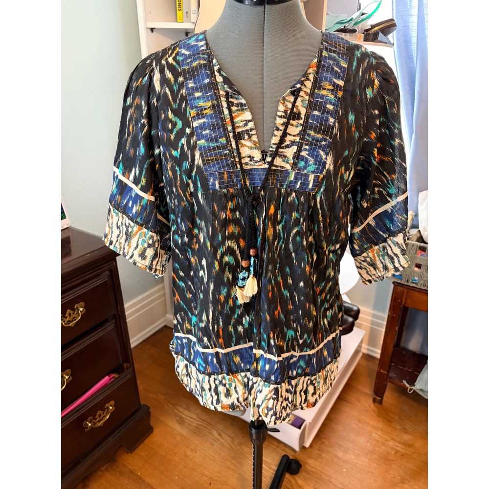 Democracy Mixed Print Boho Blouse M Tassel Tie Short Sleeve Peasant Top Casual